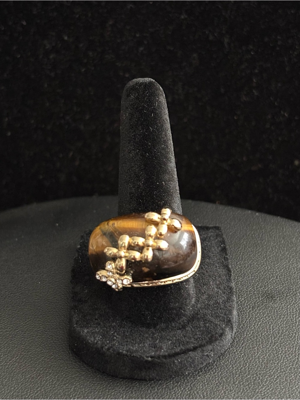 Camilla Lucia Gold-Tone Tiger's Eye Statement Ring with Crystal Accents